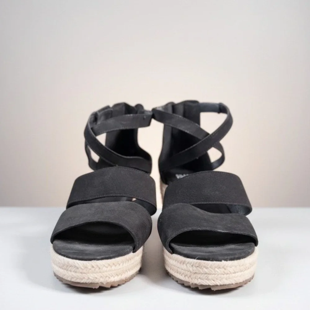 Eileen Fisher Wedge Sandals Womens 9 Black Suede Espadrille‎ Willow Strappy Zip